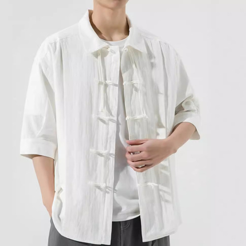 Summer V-Neck Youth Unisex Chinese Traditional Style Collar Shirt with Cantonese Style, Fashion Couple Minority Tangzhuang Outerwear