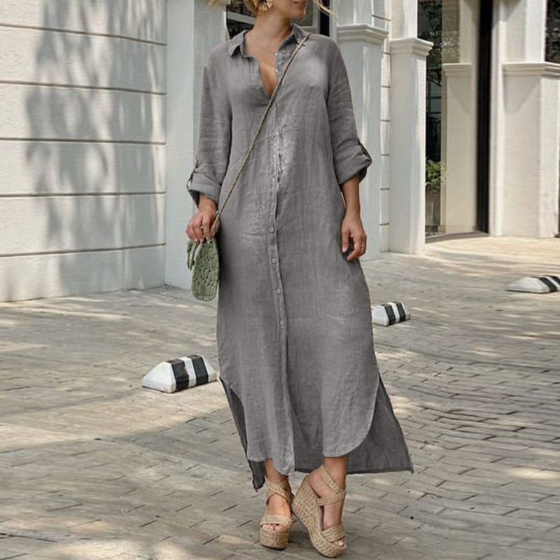 Damen Langarm Kleid Aus Leinen Und Baumwolle Mit Knopfleiste_voghion.com