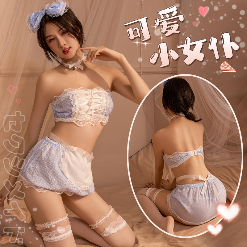 Lencería sexy azul Plaid Maid uniforme tentación Pura Pasión libre traje Falda corta de una sola pieza entrega