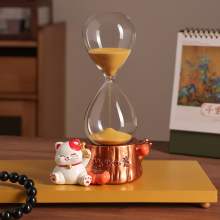 创意招财猫沙漏计时器摆件 办公室工位加压神器趣味桌面装饰礼物