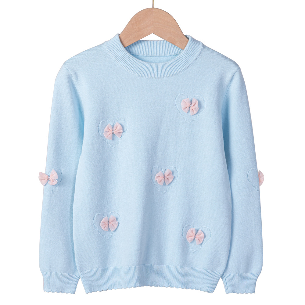 2024 nuevo estilo coreano de otoño y invierno cuello redondo amor arco niñas camisa de punto fondo suéter de niños pequeños al por mayor