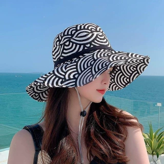 太阳帽遮脸夏季防晒遮阳帽浪花朵朵韩版度假百搭大檐渔夫帽女海边