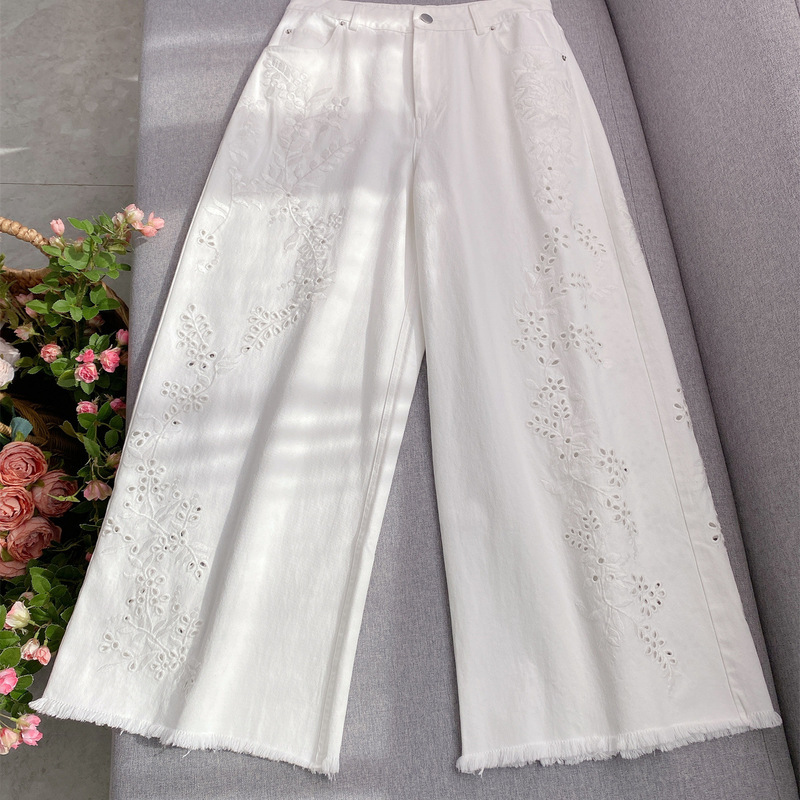 Ralph~ White Heavy Embroidered Straight Pants Loose Slimming Look Nine-Point Pants for Women 90% off Fashionable Raw Edge Jeans