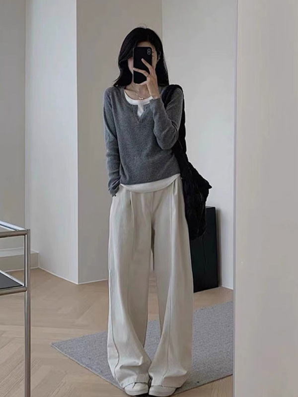 黑色假两件v领内搭打底衫女2025早秋新款修身显瘦百搭长袖上衣ins|undefined