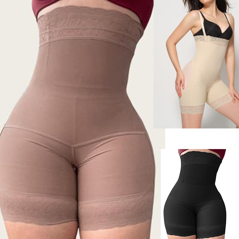 Cross-border Lace High Waist Body Crotch Zipper Belly Tinting Hip Pants Tinting Waist Body-shaping Jumpsuit Enhanced Edition
