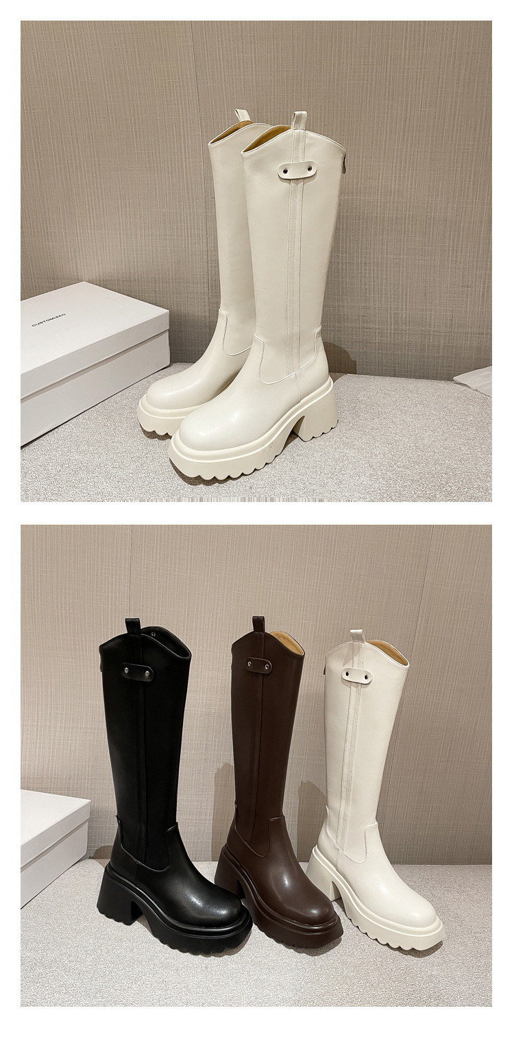 Boot nữ cổ cao ôm bắp chân đế dày gót thấp da thật mùa thu đông — Lớp lót nhung ống lớn màu nâu, Màu nâu cộng với lớp lót đơn lớn, Màu nâu cộng với lớp lót nhung lớn, Lớp lót nhung ống lớn màu đen chi tiết 19