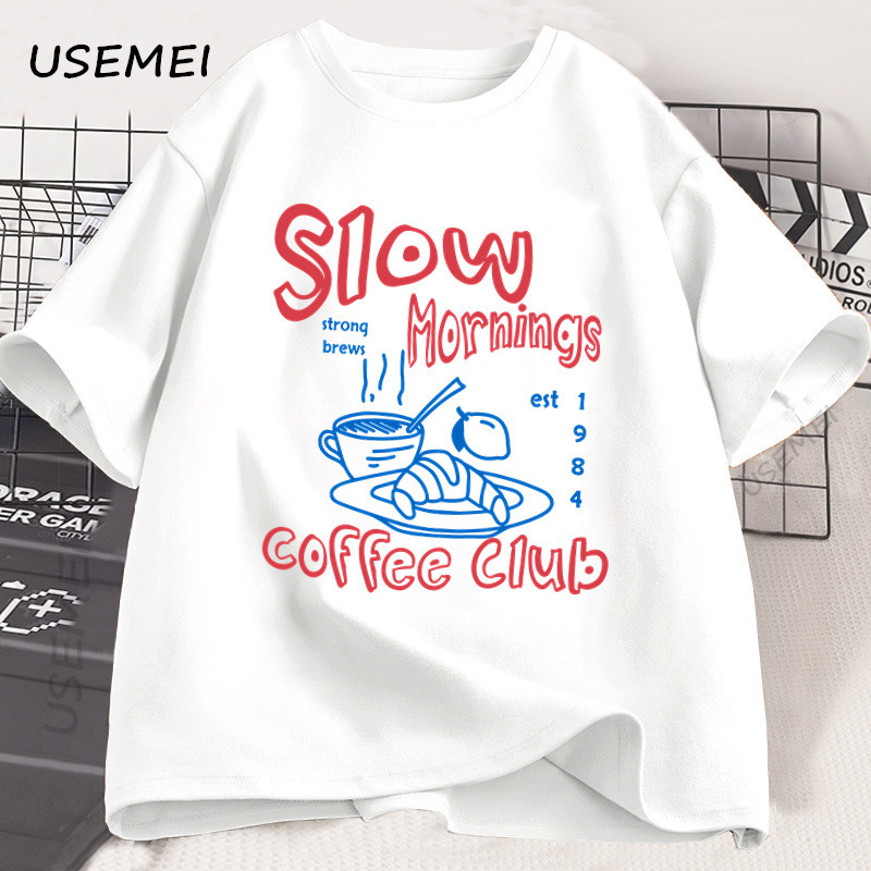 European Size Cross-Border Morning Men's Coffee Slow Cotton European Size t Retro] and Club Croissant T-Shirt Graphics [T-Shirt
