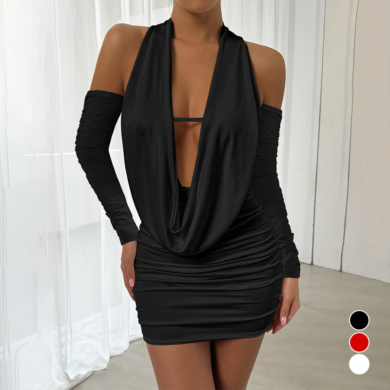 2024 Cross-Border Autumn and Winter Backless Long-Sleeved Dress European and American Deep V Halterneck Pleated Hip-Covering Short Skirt Elastic Slimming Look
