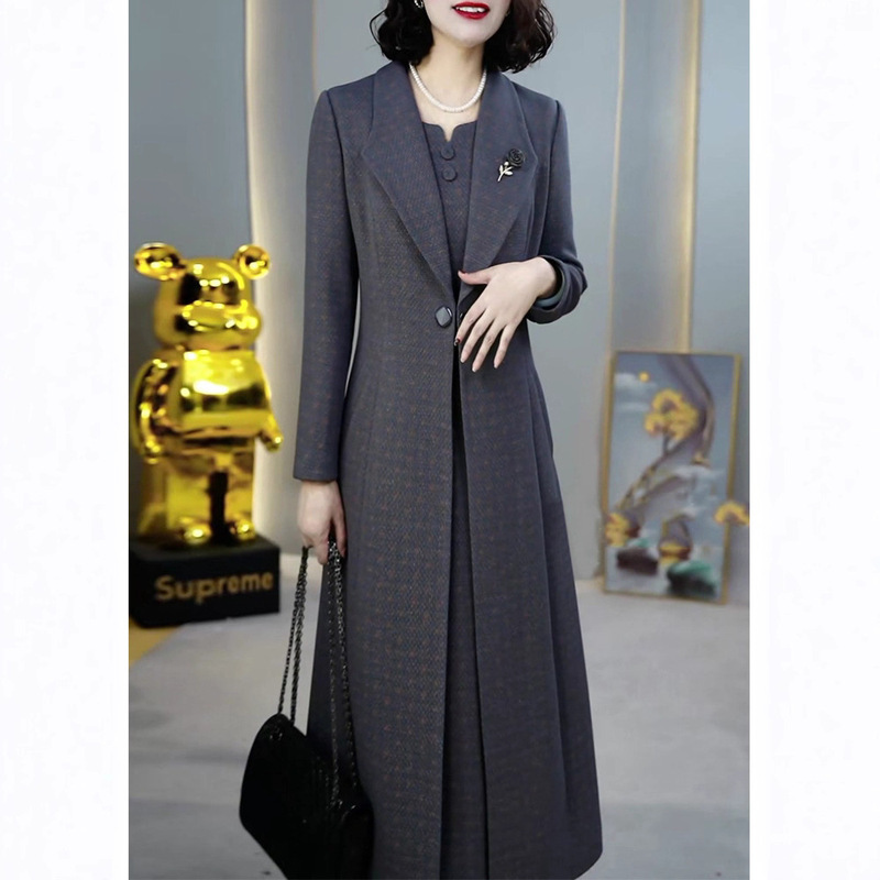 2025 Spring and Autumn New Popular Mom Suit Long Sleeve Skirt Temperament Mid-Length Windbreaker Two-Piece Dress for Women