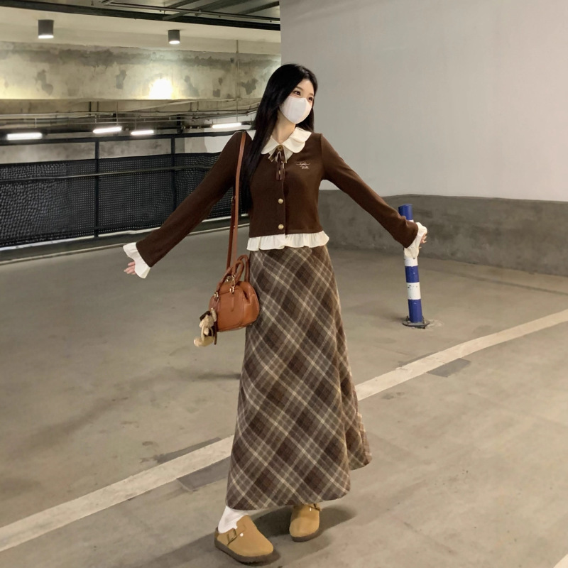 假两件针织上衣秋冬新款减龄学院风遮肚显瘦半身裙两件套女|undefined