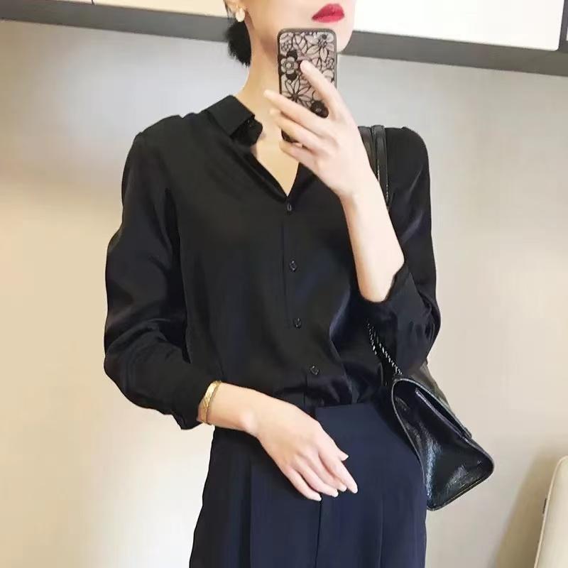 醋酸缎面衬衣女职业装春夏复古港味风设计感小众长袖衬衣白色|undefined
