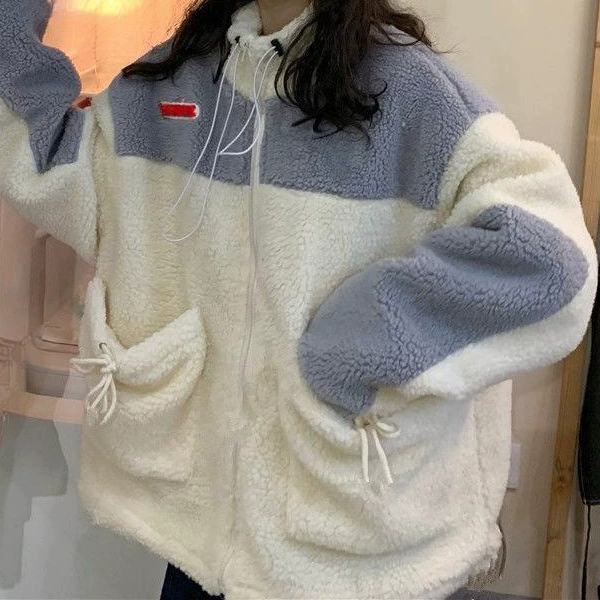 Шерстяное пальто ягненка женская корейская версия Харадзюку BF цветная цветная свободная студентка кардиган теплая пальто плюшевая утолщенная хлопчатобумажная одежда зимой