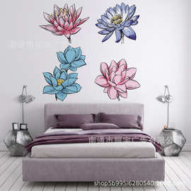 四朵荷花莲花图案 自粘可移除PVC墙贴家居装饰卧室床头背景墙贴纸