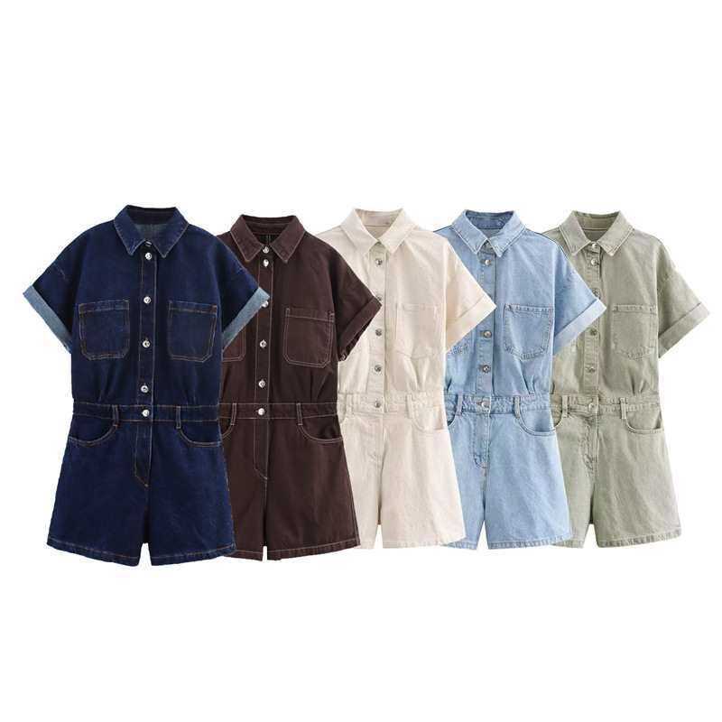Denim Short Lapel Short Sleeve Decorated New Women's Pocket Summer Jumpsuit European and American Style