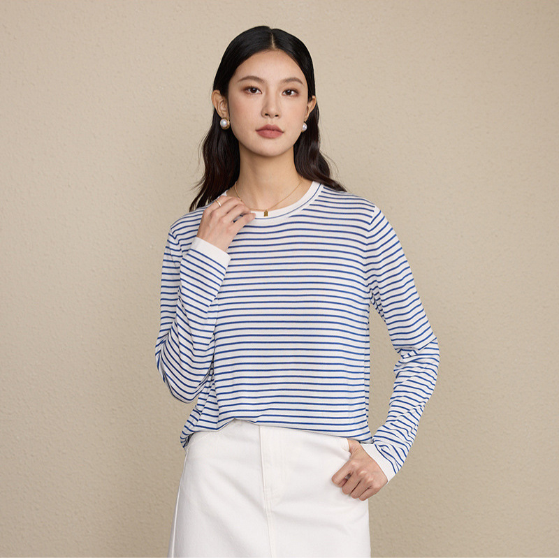 16-Gauge Tencel Wool Casual Striped Loose Knit Sweater Round Neck Long-Sleeve T-Shirt Sweater 26 Early Spring New Thin Style