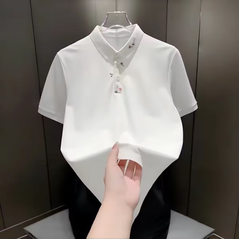 Jiangfu's New Summer Style Polo Shirt with Floral Embroidery on the Collar, Fashionable and Versatile, Breathable, Short-Sleeved, Slim-Fit Men's Top Jiangfu's New Summer Style Polo Shirt with Floral Embroidery on the Collar, Fashionable and Versatile, Breathable, Short-Sleeved, Slim-Fit Men's Top