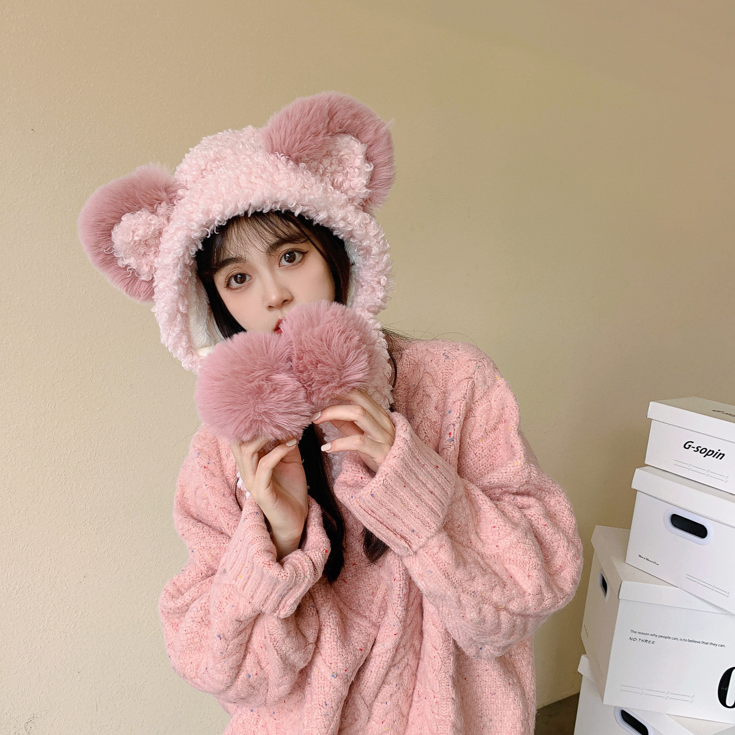 Fashion Solid Color Binaural Lamb Wool Bear Ear Hat Wholesale Nihaojewelry display picture 18