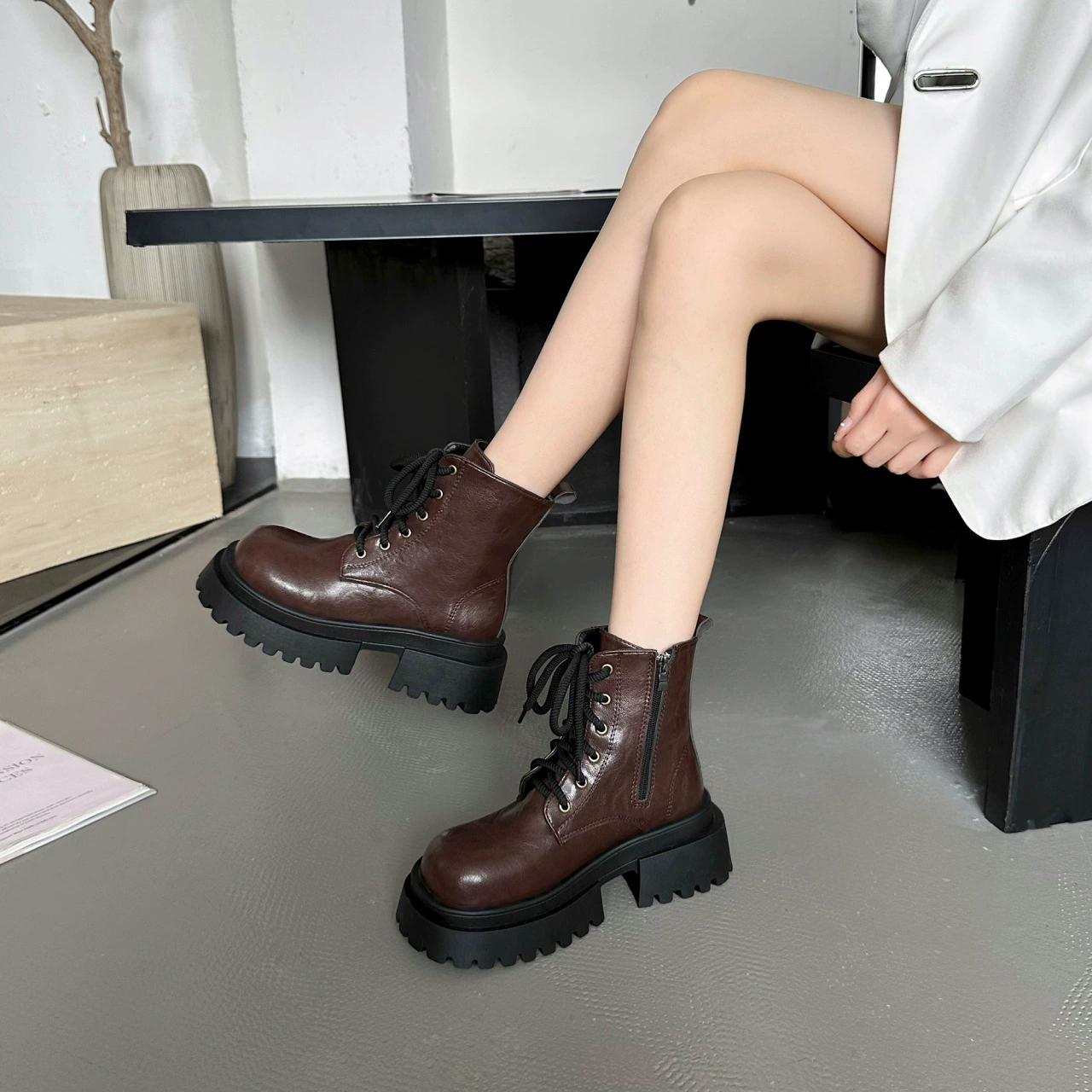 Martin сапоги женские осенние и зимние 2024 новые одиночные сапоги с толстой подошвы увеличены в британском стиле тонкие сапоги короткие сапоги на шнуровке