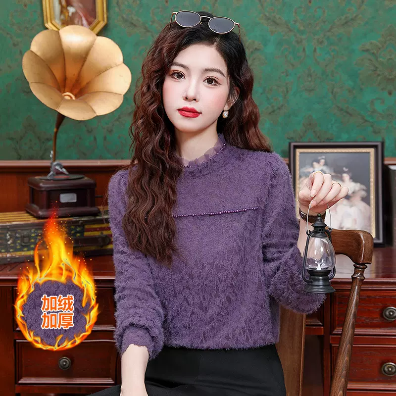 木耳领蕾丝打底衫女秋冬内搭可外穿磨毛T恤2025新款长袖加绒上衣