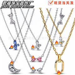新品潘家白铜镀S925银蓝色闪耀蝴蝶结项链镶钻月亮时尚锁骨链热销