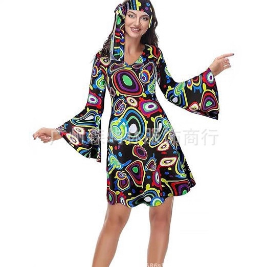 European and American Cross-Border New Halloween Dress 70S and 80S Hippie Performance Performance Bell Sleeve Costume