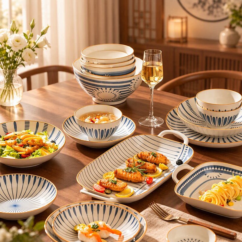 Ancient-Style Bowl and Plate Set, Soup Bowl, Rice Bowl, Simple Tableware, Underglaze Colored Ceramic Bowl, Household Noodle Bowl, Mid-Autumn Festival Breakfast