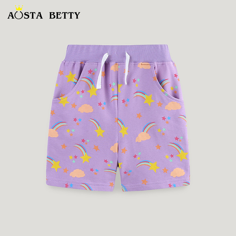 26 nuevos productos de verano para niñas, pantalones cortos informales con estampado de arcoíris de dibujos animados de estilo europeo y americano, pantalones cortos deportivos para niños