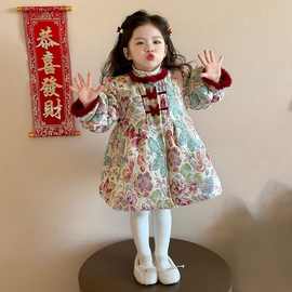 2025新款古风秋冬加绒加棉连衣裙洋气宝宝新中式儿童拜年服
