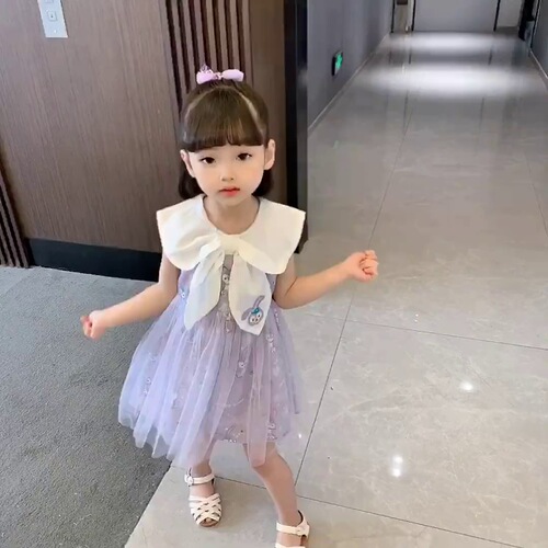 Girls Star Dew Dress Summer Baby Style Princess Dress Sweet Dress Lapel Butterfly Mesh Puff Skirt