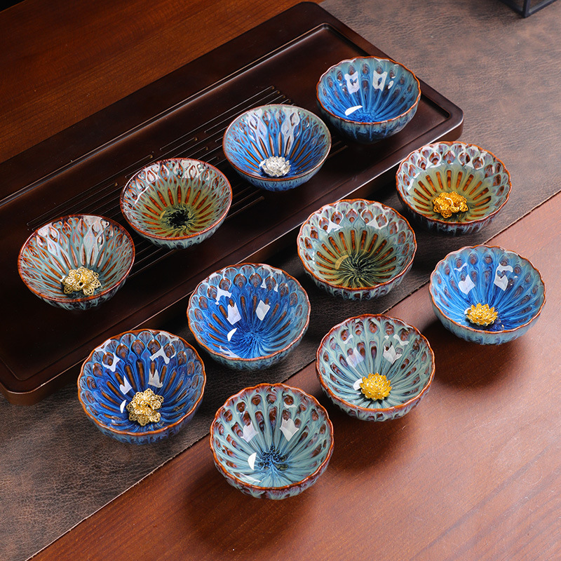 Ceramic Tea Cups with Kiln-Glazed Finish, Set of Six, for Kung Fu Tea, Tasting Cups, Home Use, Master Cups, Wholesale