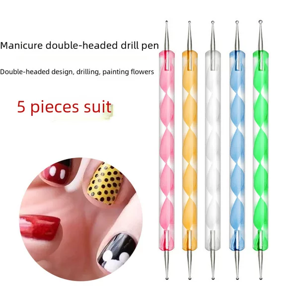 Factory spot nail pen set 5 acrylic double-head drill pen screw rod set point flower needle stick drill pen