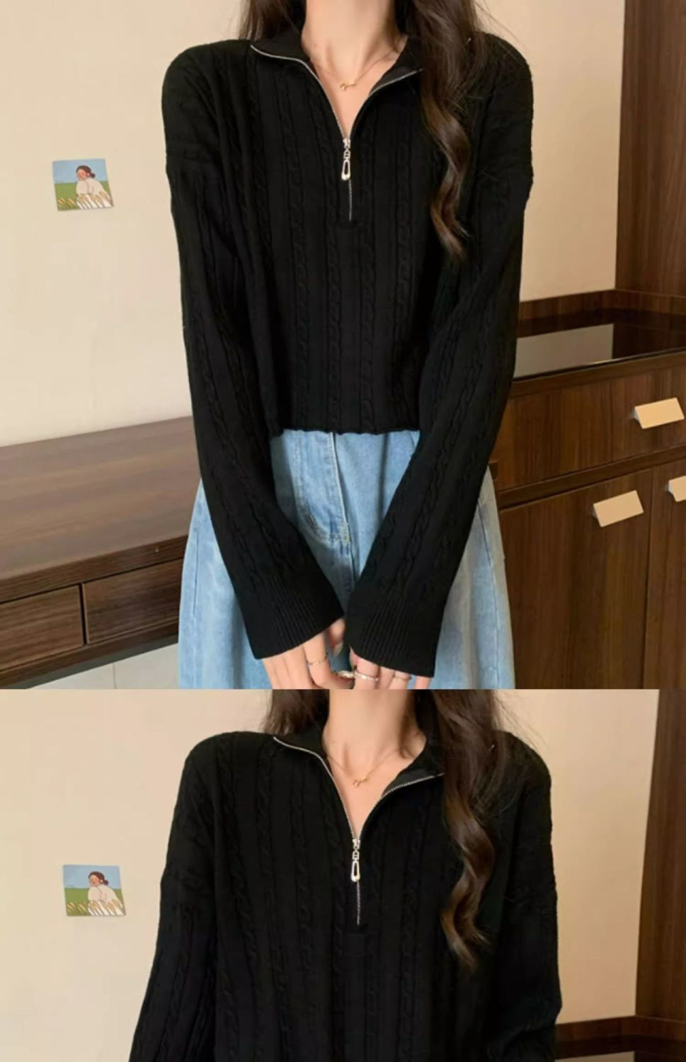Maglione coreano a maniche lunghe con cerniera e scollo a V a mezza altezza, con fondo corto e piccolo, da donna, autunno_voghion.com