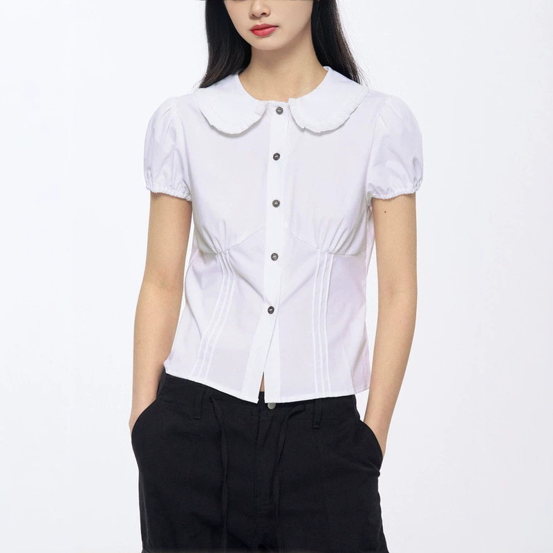 Arcnivum Lace Ruffle Doll Collar Shirt with Shell Buttons, Slim Fit Design, Short-Sleeve T-Shirt for Summer Arcnivum Lace Ruffle Doll Collar Shirt with Shell Buttons, Slim Fit Design, Short-Sleeve T-Shirt for Summer