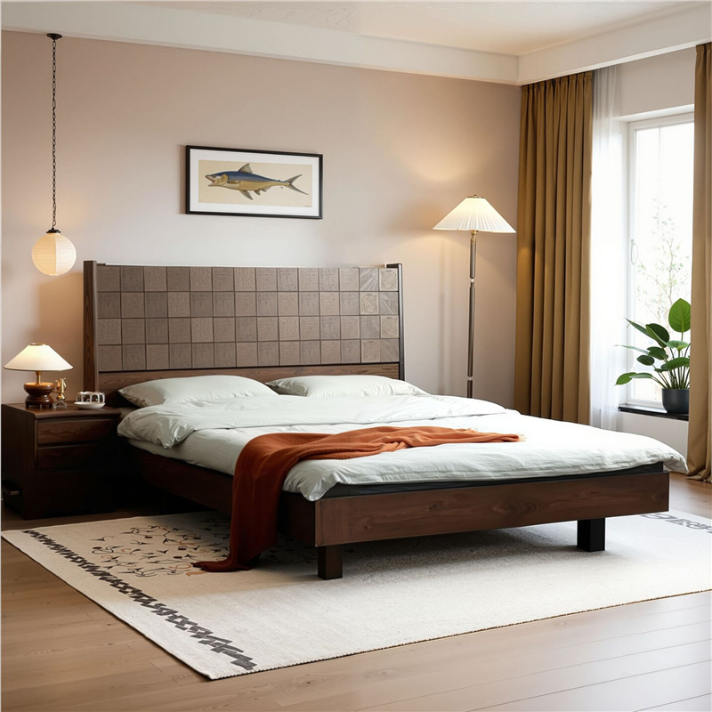 North American Black Walnut Wood Bed, Solid Wood Suspended Bed, Modern Minimalist Natural Wood Cherry Wood Tatami. Double Bed