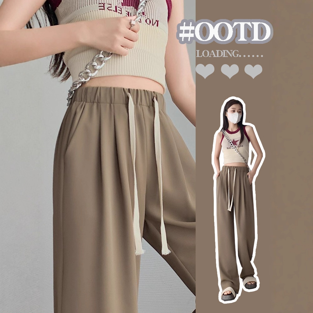 Ins Hong Kong estilo de verano coreano cintura alta cuerda de dibujo colgante sensación casual cintura elástica pantalones de mujer pantalones rectos pantalones de mujer image 2