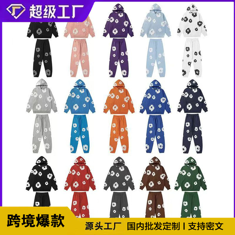 Cross-Border Ozon Niche Trendy Brand Kapok Foam Print Hooded Sweatshirt American Retro Set with Long Pants for Men and Women Cross-Border Ozon Niche Trendy Brand Kapok Foam Print Hooded Sweatshirt American Retro Set with Long Pants for Men and Women