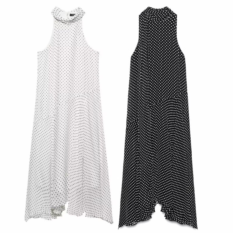 2025 Export Women's Clothing Wholesale European and American Style New Polka Dot Printed Mesh Halterneck Sleeveless Dress 13-21012