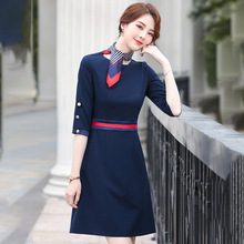 中袖连衣裙酒店前台珠宝店美容师工作服2021春季职业装修身A字裙