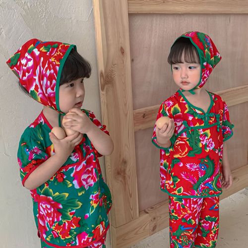 Children's Northeast large floral cloth baby clothes baby short-sleeved pajamas suit summer thin cotton silk Tang suit for boys and girls