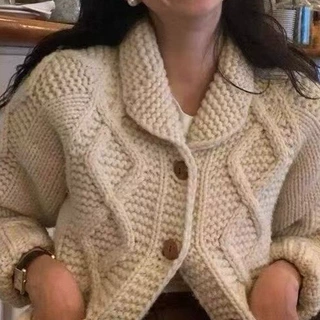 欧货重工粗针麻花毛衣开衫外套女秋冬慵懒感浣熊绒翻领针织衫