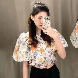 法式女装名媛欧根纱短袖上衣女夏立体刺绣宫廷风减龄泡泡袖短袖衫
