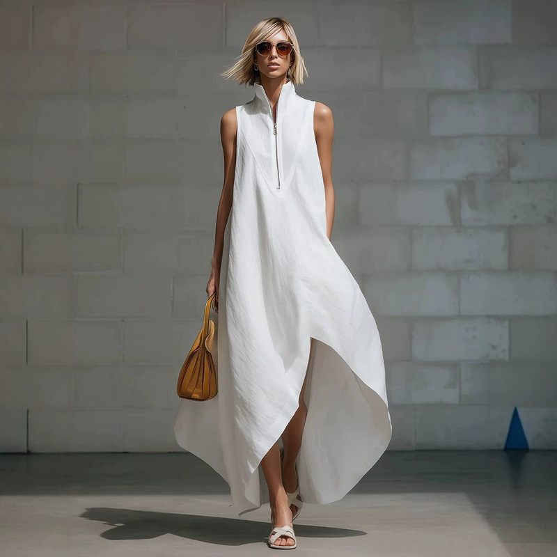 2026 New European and American Cross-Border Foreign Trade Independent Site Fashion Minimalist Sleeveless Half-Zip Loose Cotton and Linen Dress for Women 2026 New European and American Cross-Border Foreign Trade Independent Site Fashion Minimalist Sleeveless Half-Zip Loose Cotton and Linen Dress for Women