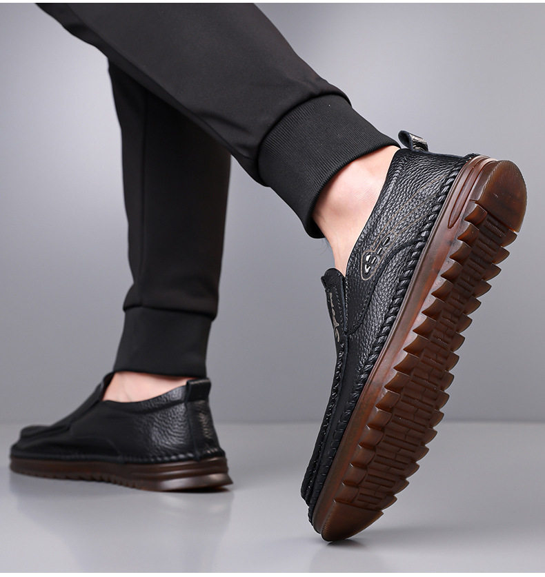 Giày lười nam da bò lớp đầu mềm, đế bằng chống trượt, form rộng cỡ lớn — Kaki, Màu trắng, Màu đen chi tiết 26