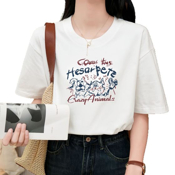 Summer Heavy Cotton Loose Short-sleeved T-shirt Women's Shoulder Printed T-shirt Ins Trendy All-match Top Base Shirt