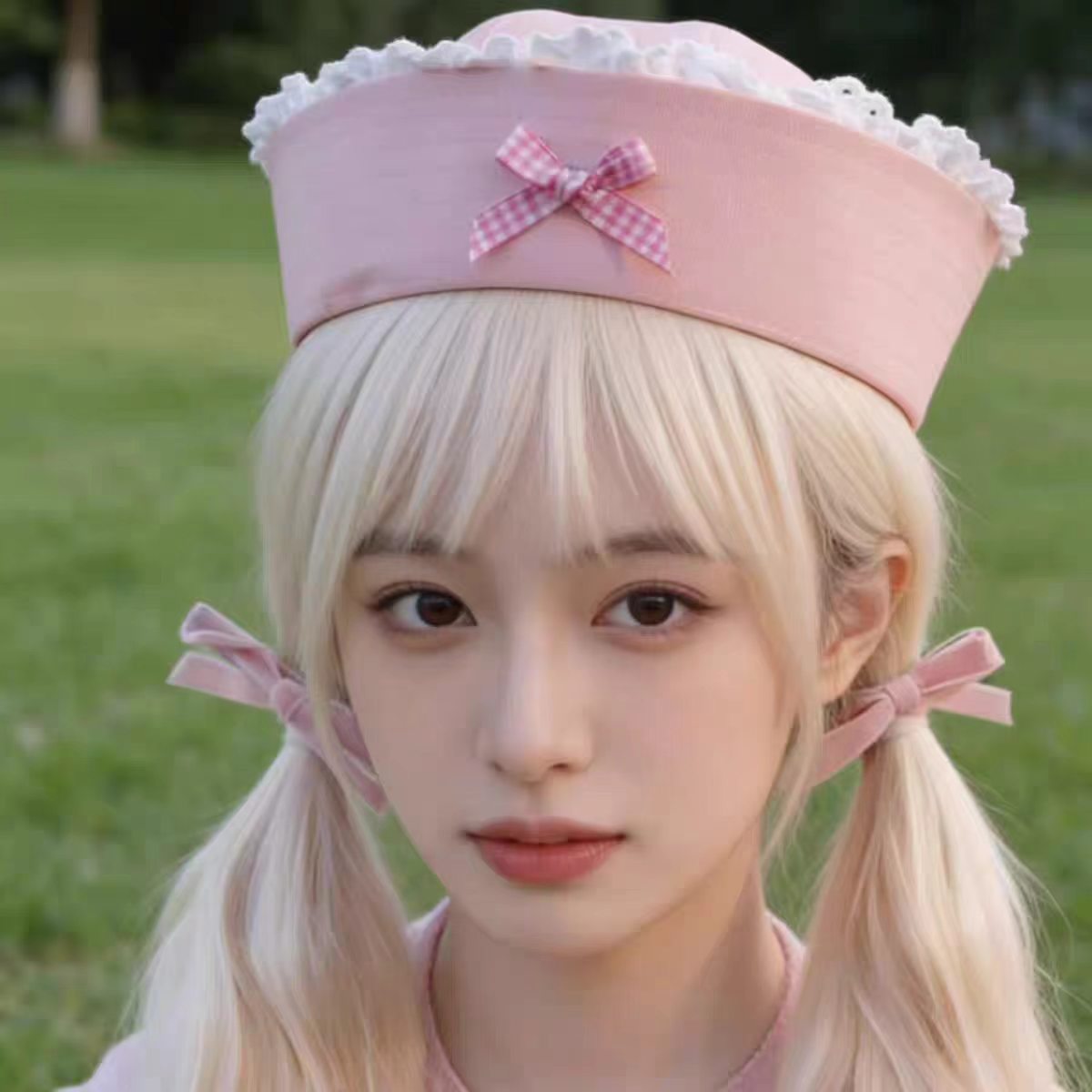핑크 리본 레이스 세일러 모자
