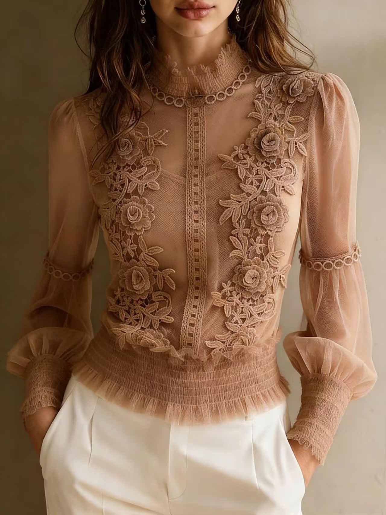 Damen T-shirt Mit Spitzenapplikationen Aus Dreidimensionalem Netz_voghion.com