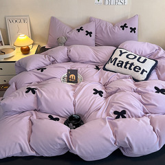 ins water-wash cotton towel embroidery four-piece set bedding embroidered bed sheets and pillowcases bowknot dormitory three-piece set 