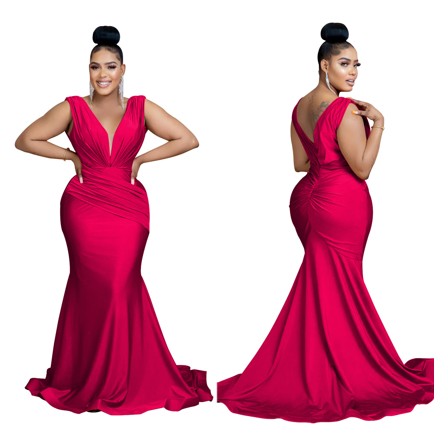 Abito lungo donna scollo a v plissettato elegante da sera_voghion.com