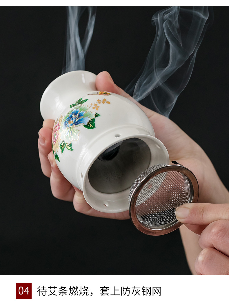 Ceramic Moxibustion Cup with Gua Sha Edge Double Layer Massage Jar for Body Care 10.2 x 7.4 cm key features