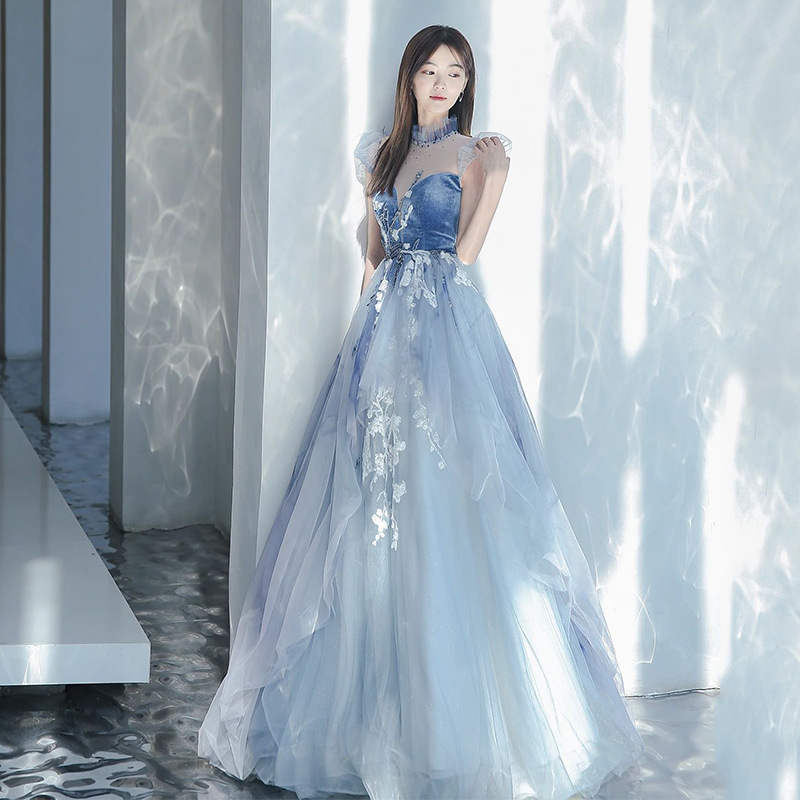 Vestido Azul 2025, Nuevo Estilo de Otoño, Manga con Volantes, Vestido Largo de Fiesta para Eventos Sociales, Ceremonia de Mayoría de Edad, Examen de Arte, Banquete, Vestido de Noche